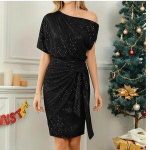 Grace Karin Sequin One Shoulder Ruched Cocktail Midi Dress